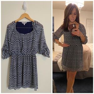 Chevron Blue and White Puff Sleeve Mini Dress MEDIUM